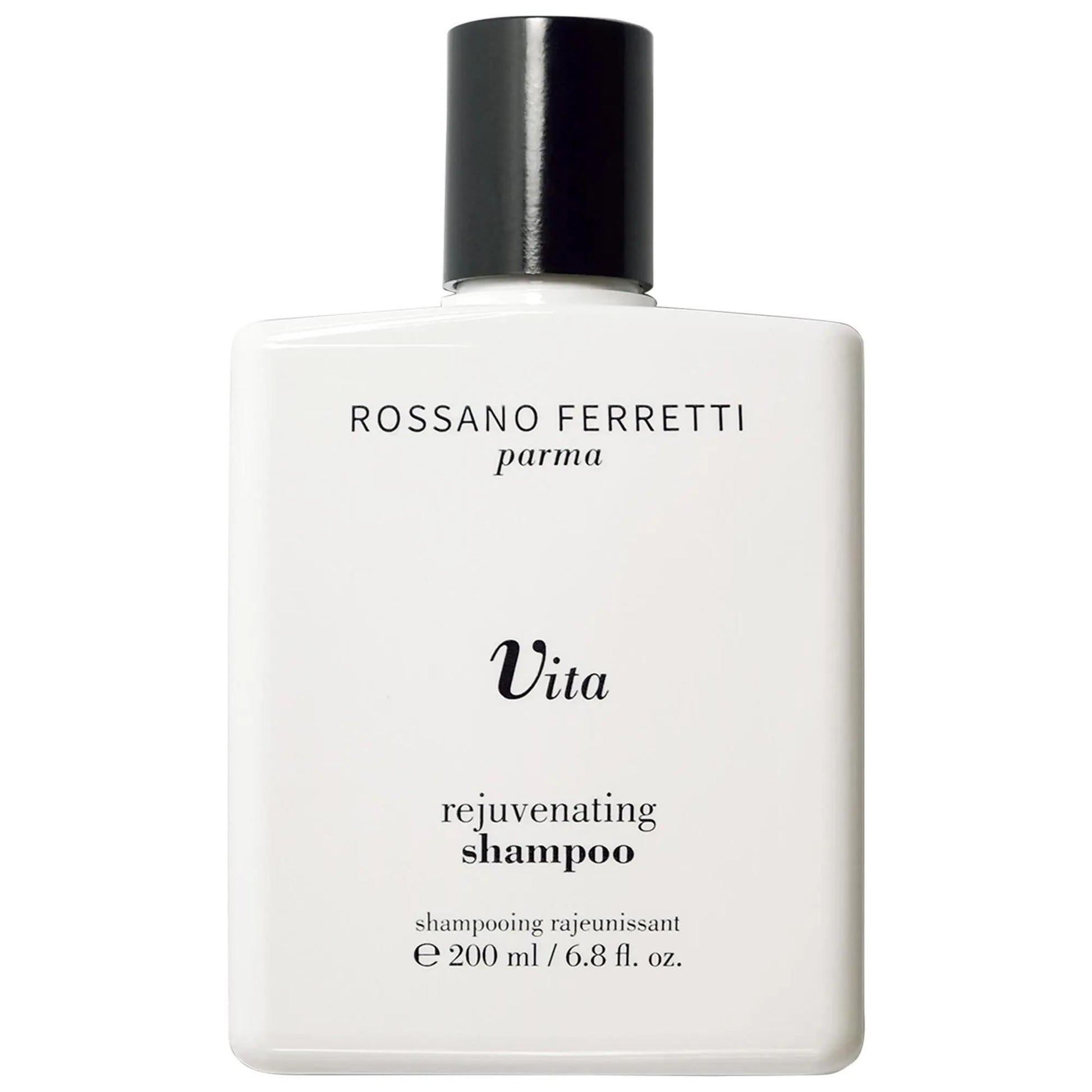 Vita rejuvenating shampoo bottle white plastic with black cap Rossano Ferretti branding on Tampa Home & Garden Store