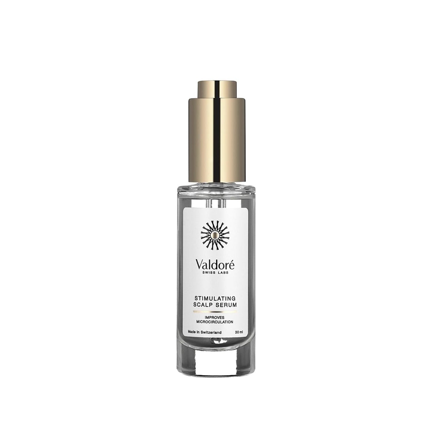 Valdore Hair Care Serum bottle, clear glass, gold cap, Valdore Swiss Labs label, 30 ml on Tampa Home & Garden Store