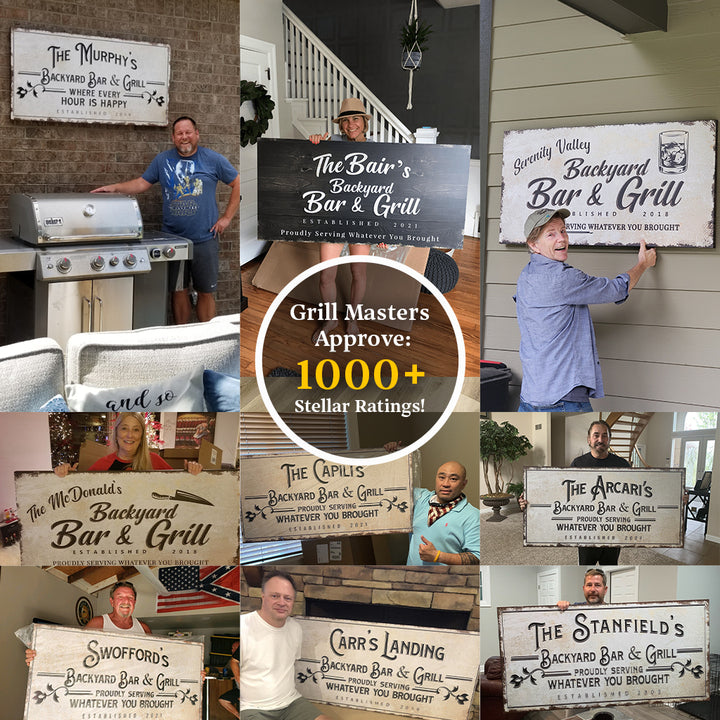 Canvas collage of 12 Tailored Canvases Backyard Bar & Grill signs in rustic fonts on Tampa Home & Garden Store