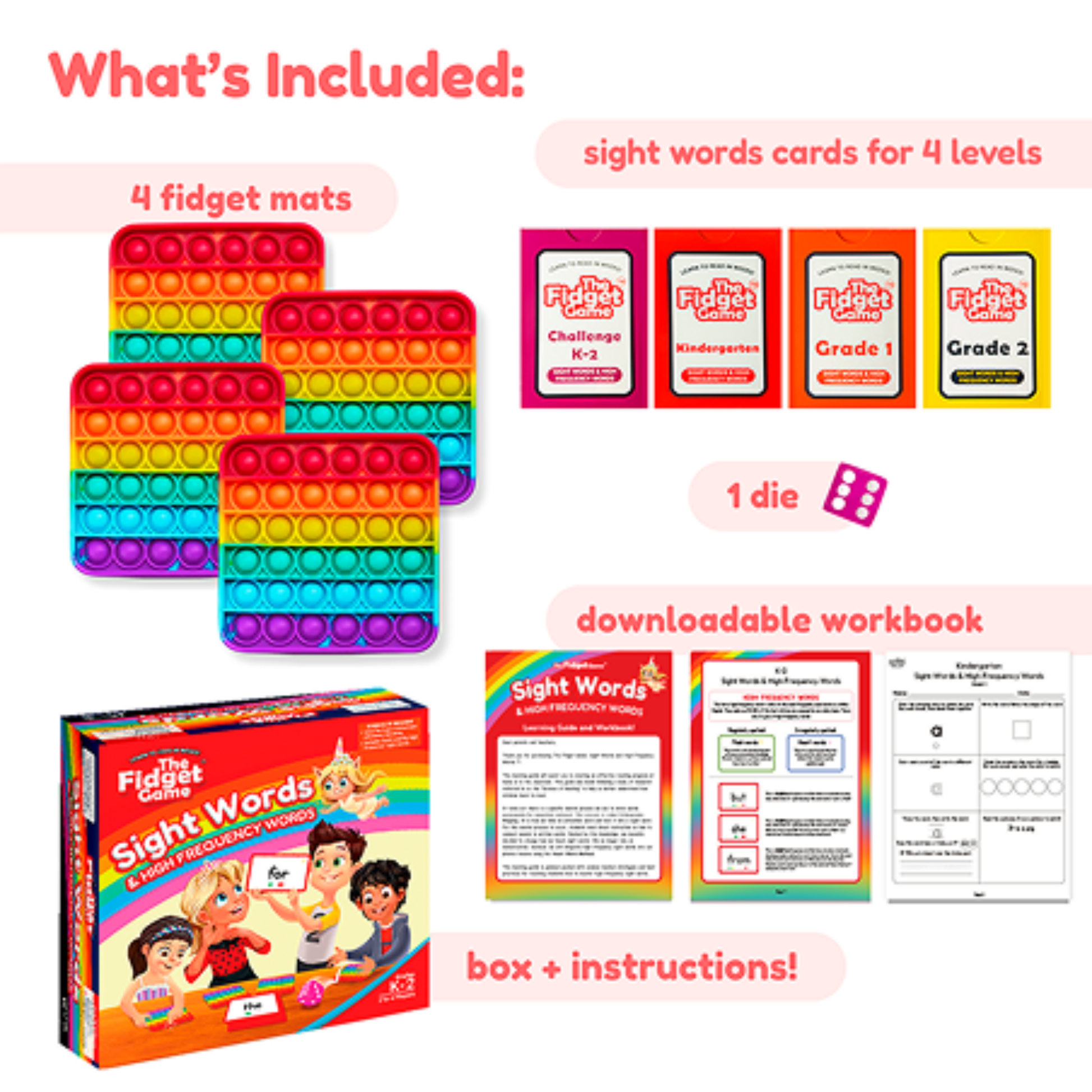 Sight Words board game set by The Fidget Games with 4 rainbow pop-it mats and 4 level cards on Tampa Home & Garden Store