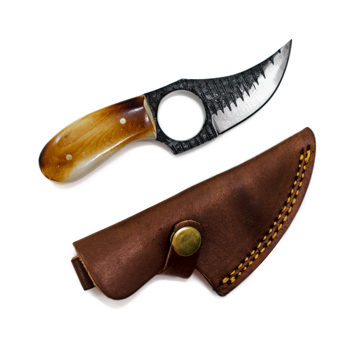 Knife TC-061 by Titan International K blade, wooden handle brass pins, leather sheath on Tampa Home & Garden Store