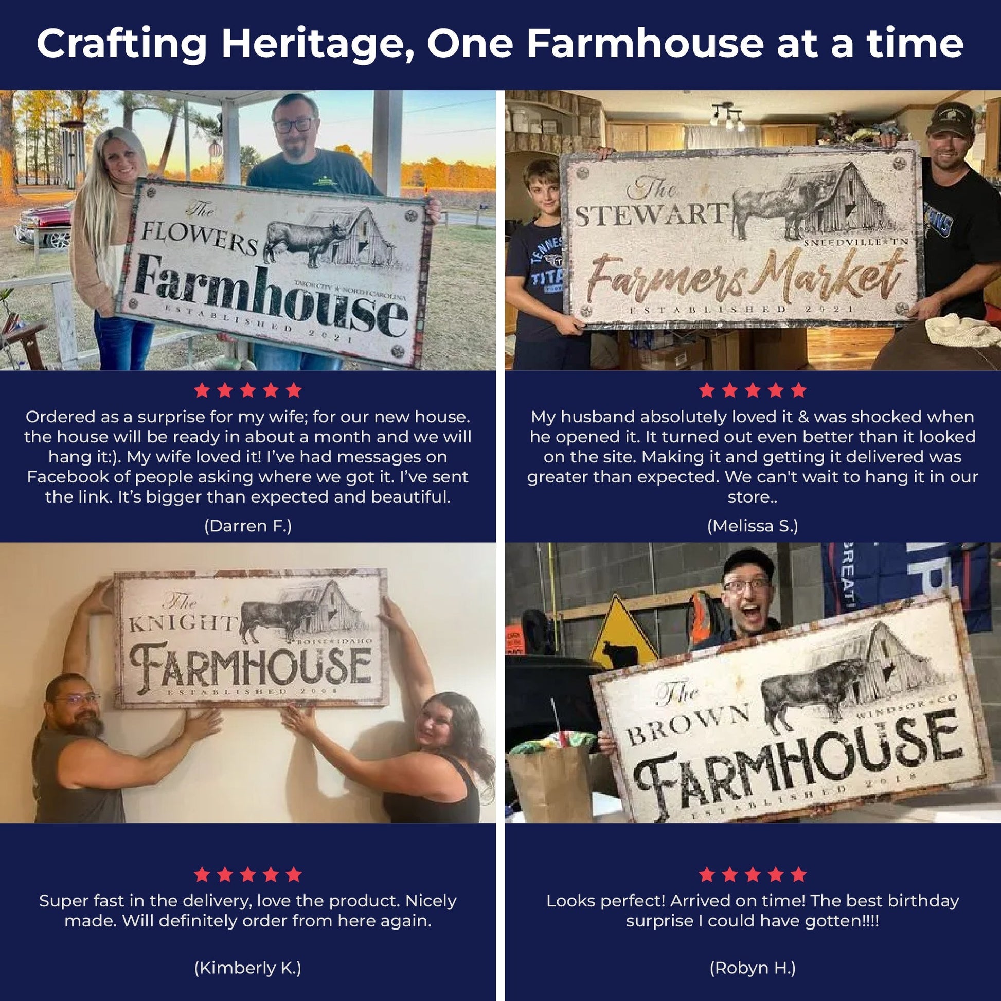 Two rustic farmhouse sign canvases by Tailored Canvases, shown being held by shoppers on Tampa Home & Garden Store