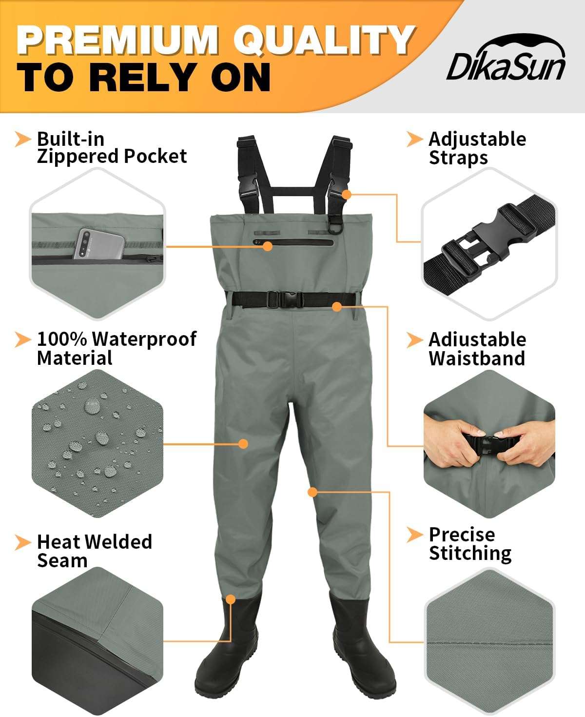 DikaSun Chest Waders with Boots in grey; waterproof material with adjustable straps on Tampa Home & Garden Store