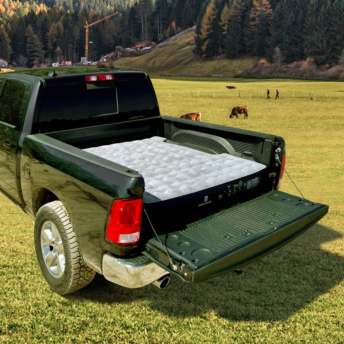 6ft Isuzu Truck Bed Air Mattress in white with tufted surface, Umbrauto brand, truck bed setup on Tampa Home & Garden Store