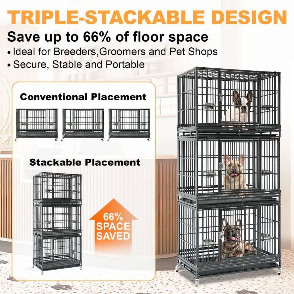 37 Inch Stackable Heavy Duty Dog Crate, black metal 3-tier with wheels, 3 dogs inside on Tampa Home & Garden Store