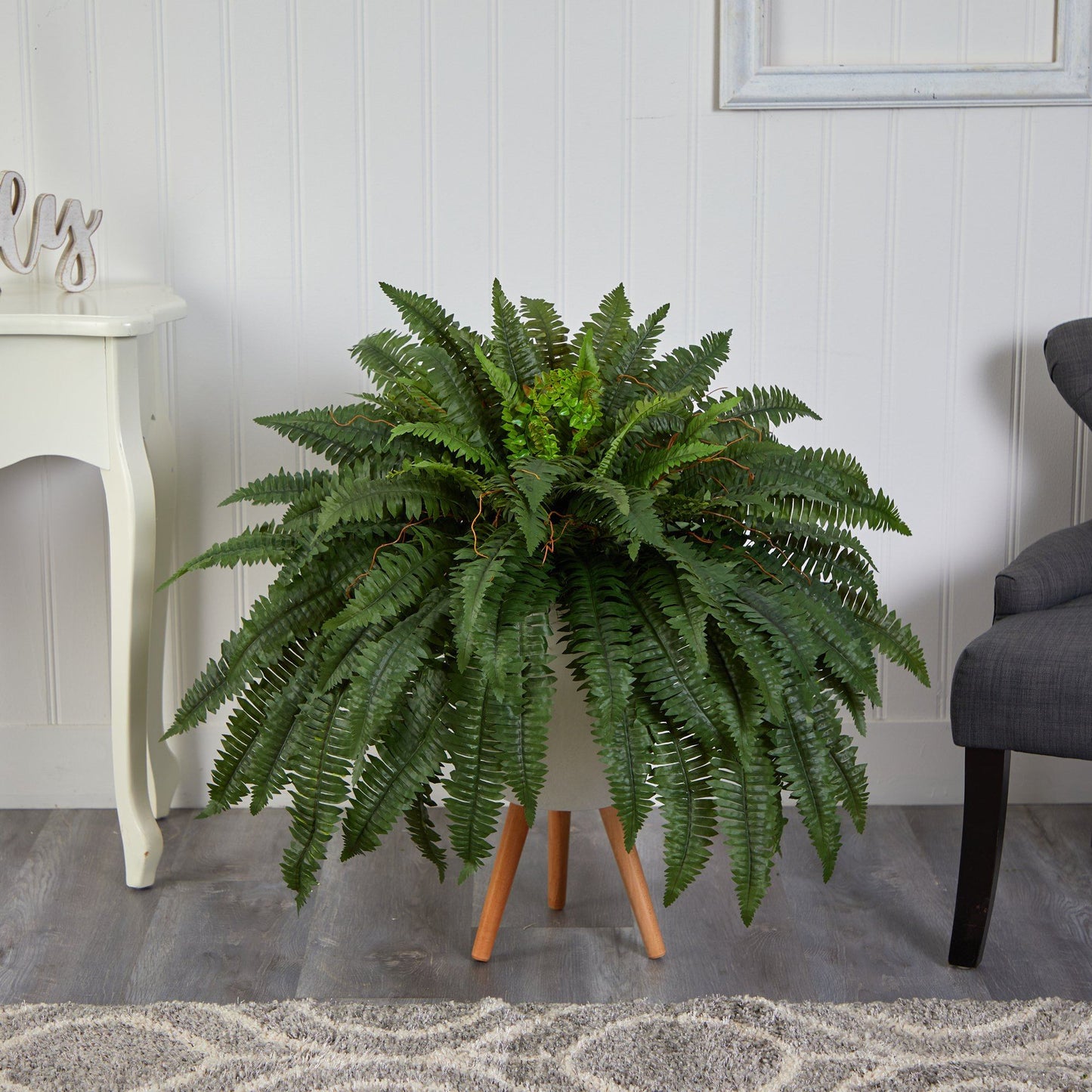 2.5’ Boston Fern Artificial Plant in White Planter with Legs - Tampa Home & Garden Store