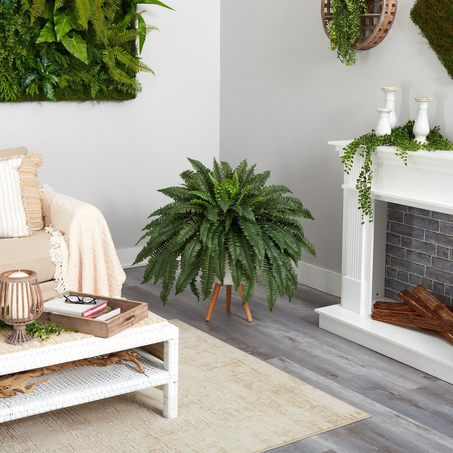 2.5’ Boston Fern Artificial Plant in White Planter with Legs - Tampa Home & Garden Store