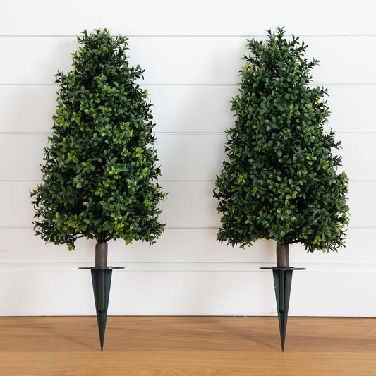 2.5' UV Resistant Artificial Boxwood Plant with Integrated Ground Stake (Indoor/Outdoor) - Set of 2 - Tampa Home & Garden Store