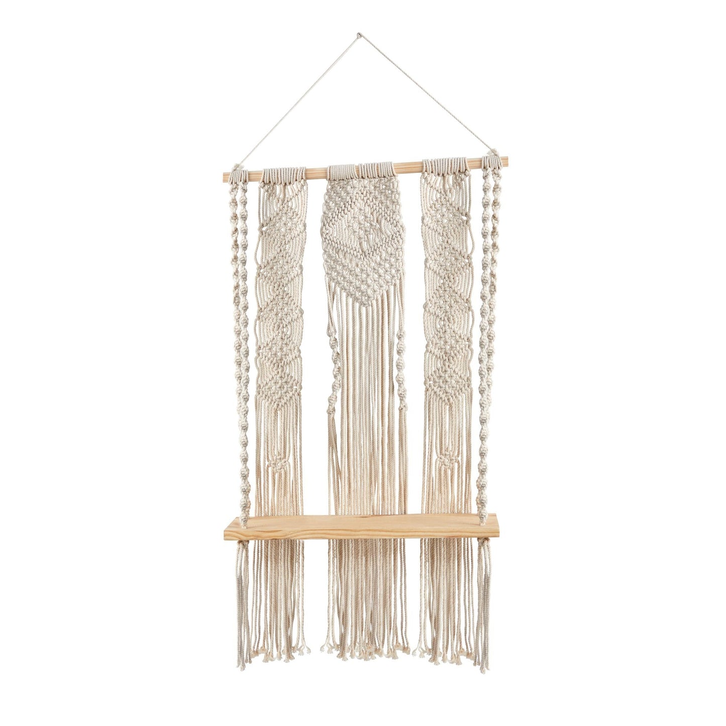 2.5’ x 1.5’ Layered Macrame Wall Hanging with Wooden Shelf - Tampa Home & Garden Store