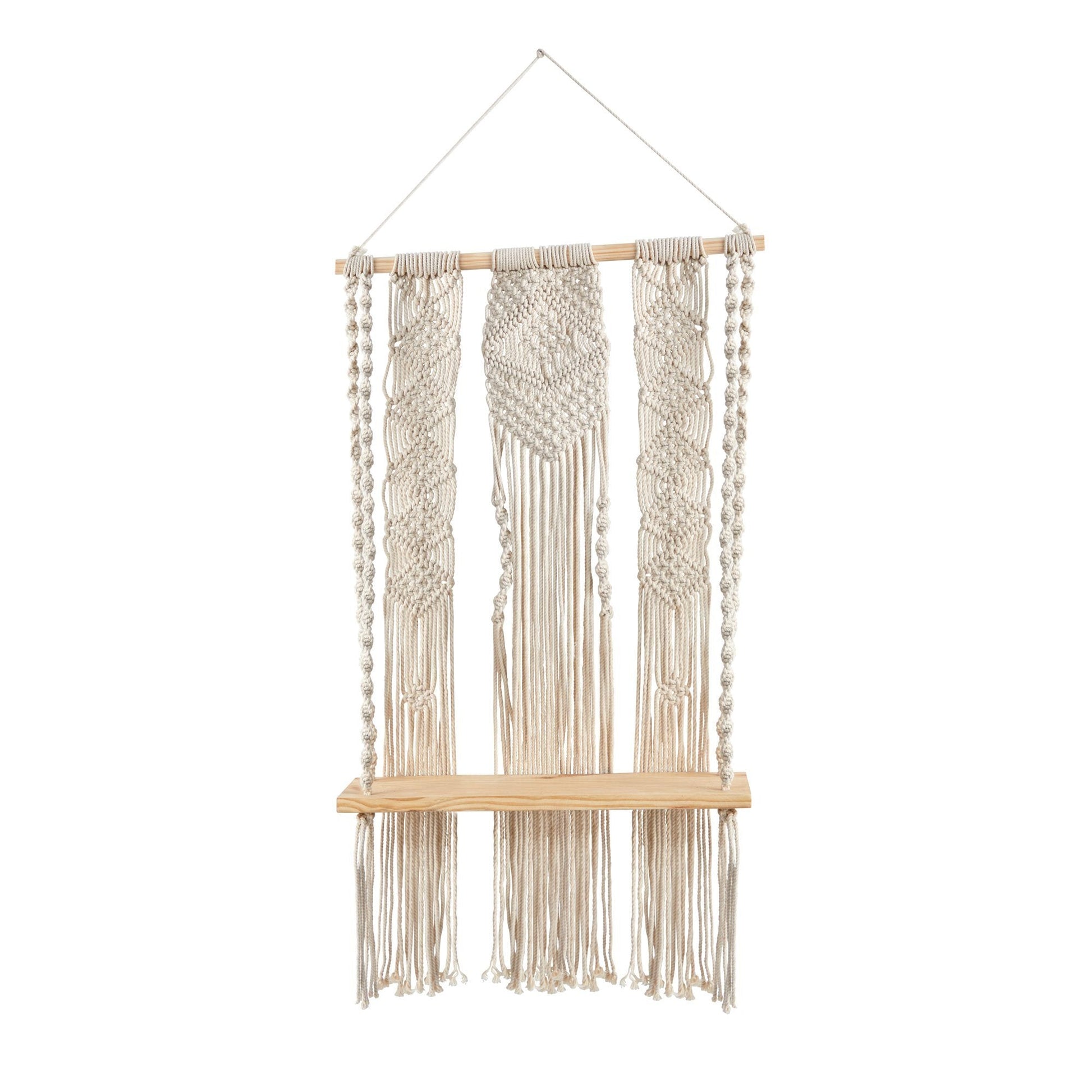 2.5’ x 1.5’ Layered Macrame Wall Hanging with Wooden Shelf - Tampa Home & Garden Store