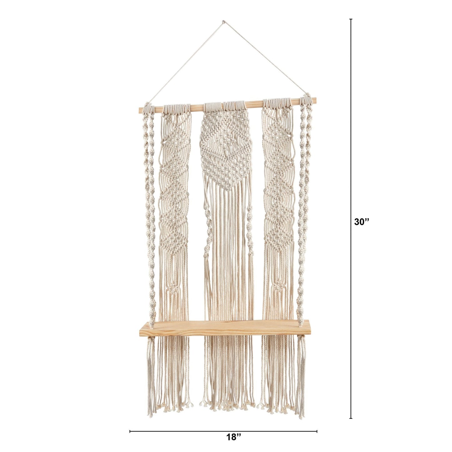 2.5’ x 1.5’ Layered Macrame Wall Hanging with Wooden Shelf - Tampa Home & Garden Store