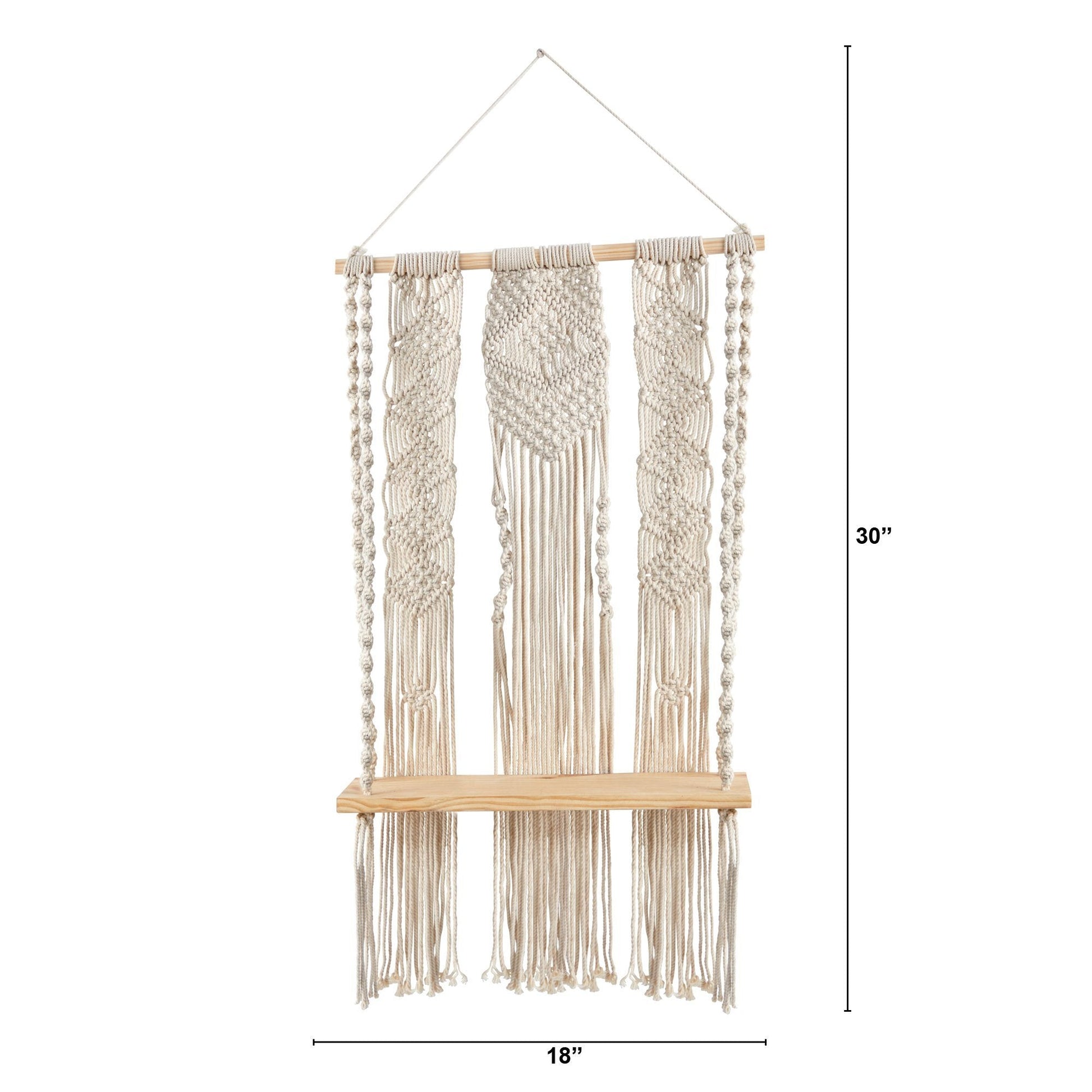 2.5’ x 1.5’ Layered Macrame Wall Hanging with Wooden Shelf - Tampa Home & Garden Store