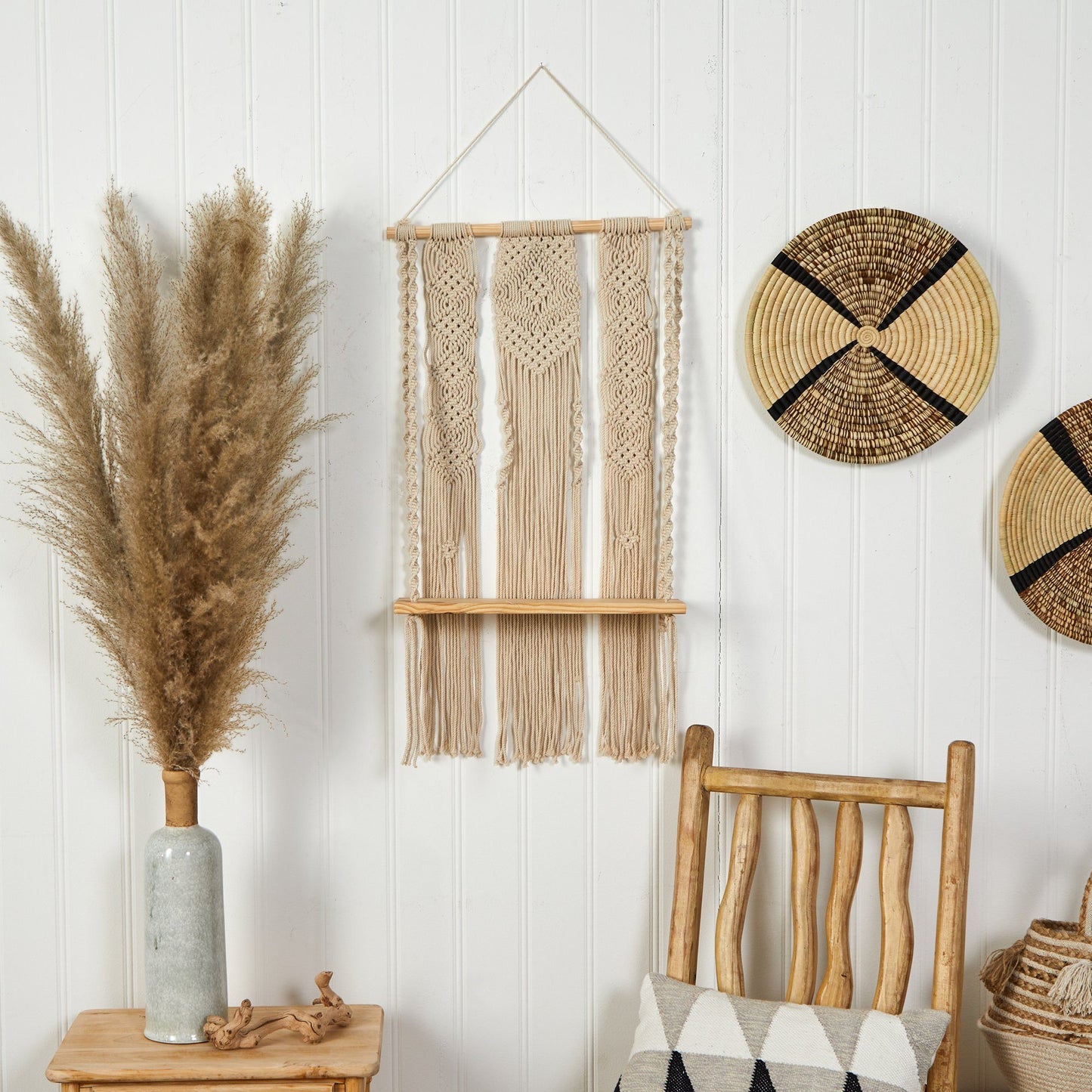 2.5’ x 1.5’ Layered Macrame Wall Hanging with Wooden Shelf - Tampa Home & Garden Store