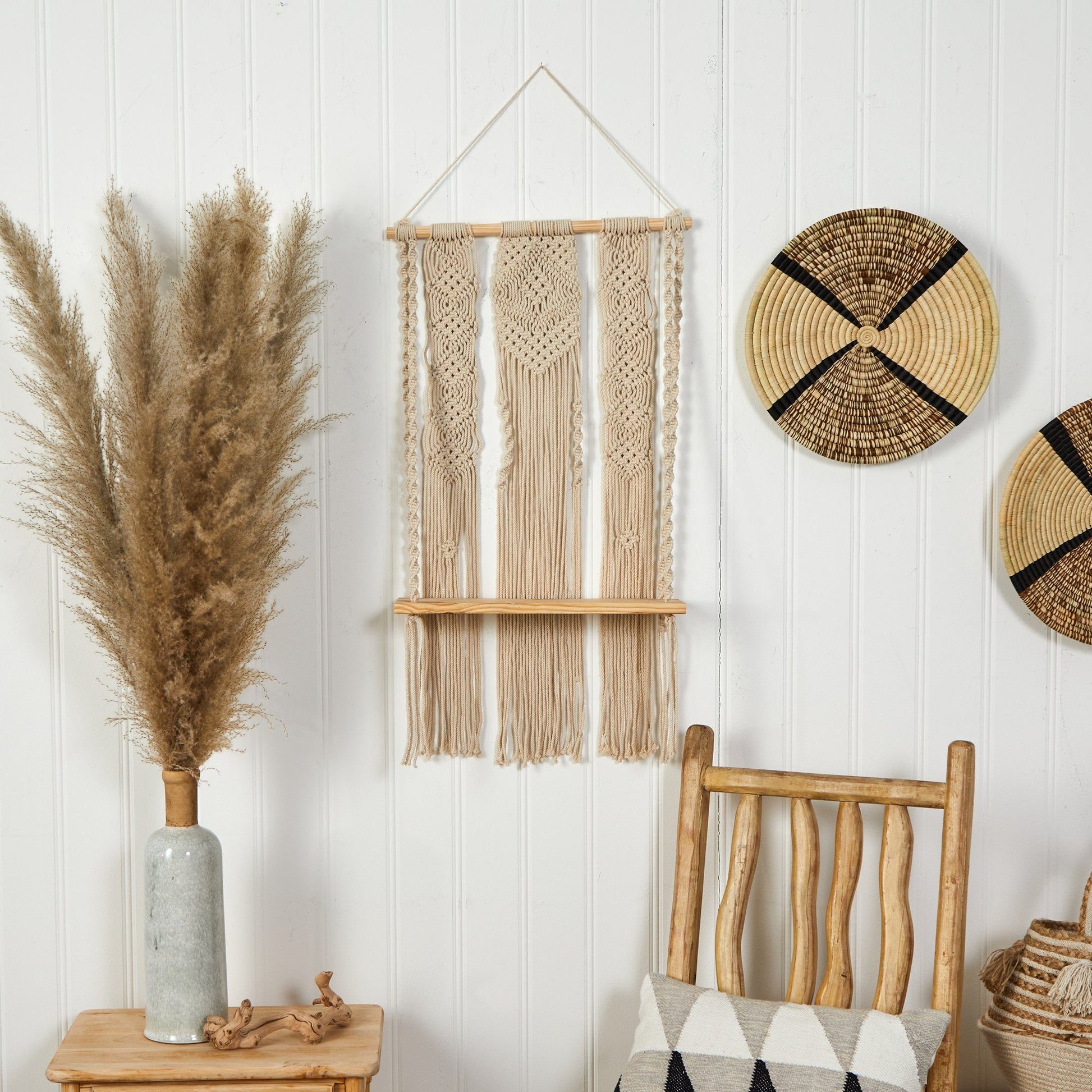 2.5’ x 1.5’ Layered Macrame Wall Hanging with Wooden Shelf - Tampa Home & Garden Store