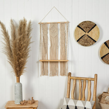 2.5’ x 1.5’ Layered Macrame Wall Hanging with Wooden Shelf - Tampa Home & Garden Store
