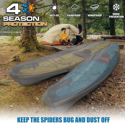 600D Kayak Cover: campers by a tent on a forest lakeshore with two kayaks nearby on Tampa Home & Garden Store