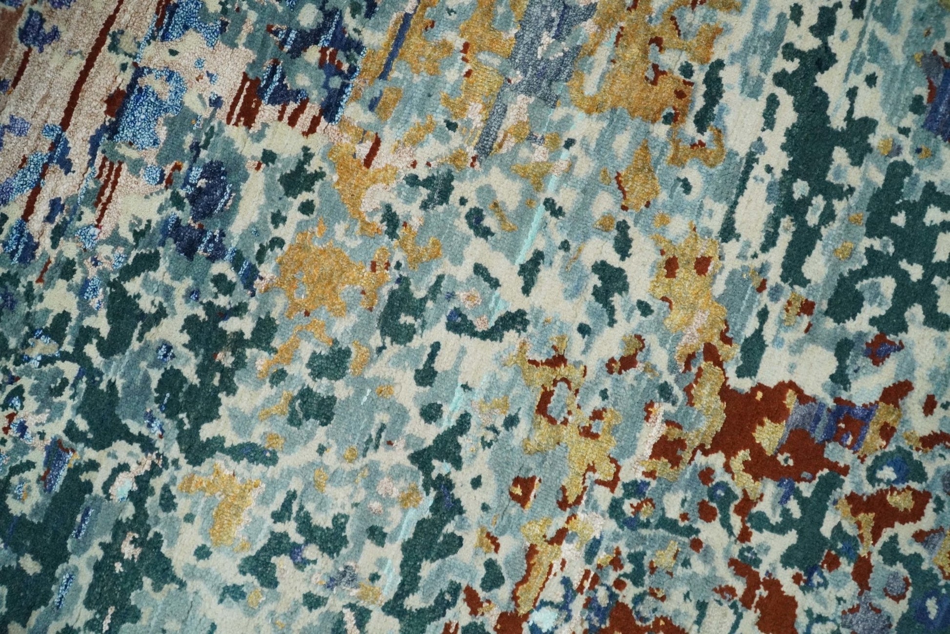 2.6x10 Fine Hand Knotted Blue Modern Abstract Wool and Silk Runner Area Rug | AGR12 - Tampa Home & Garden Store