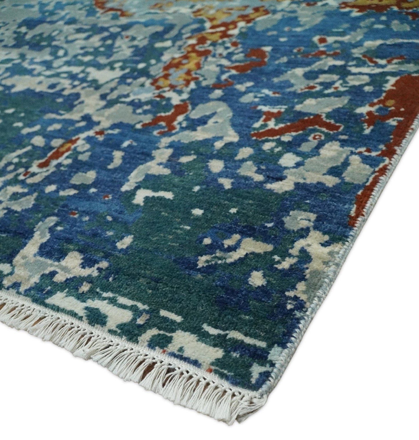 2.6x10 Fine Hand Knotted Blue Modern Abstract Wool and Silk Runner Area Rug | AGR12 - Tampa Home & Garden Store