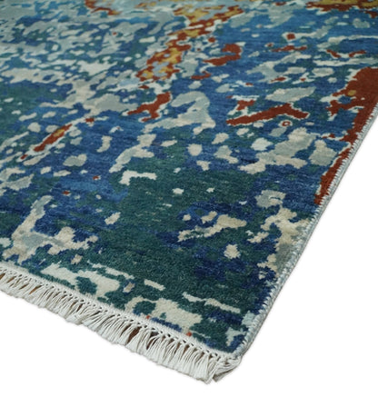 2.6x10 Fine Hand Knotted Blue Modern Abstract Wool and Silk Runner Area Rug | AGR12 - Tampa Home & Garden Store
