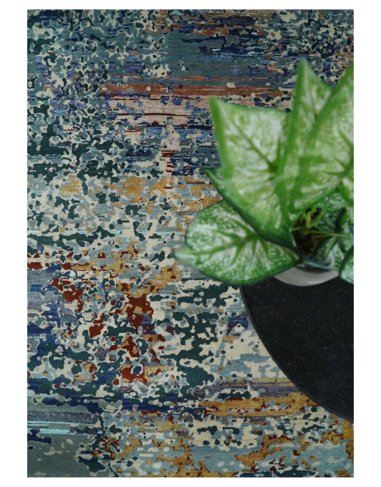 2.6x10 Fine Hand Knotted Blue Modern Abstract Wool and Silk Runner Area Rug | AGR12 - Tampa Home & Garden Store