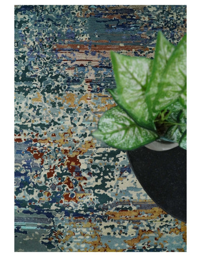 2.6x10 Fine Hand Knotted Blue Modern Abstract Wool and Silk Runner Area Rug | AGR12 - Tampa Home & Garden Store
