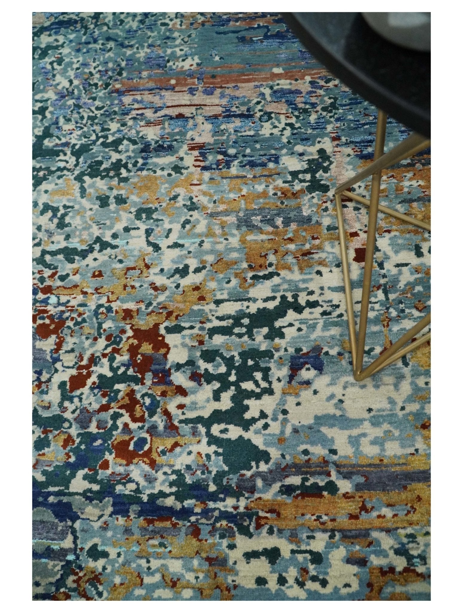 2.6x10 Fine Hand Knotted Blue Modern Abstract Wool and Silk Runner Area Rug | AGR12 - Tampa Home & Garden Store