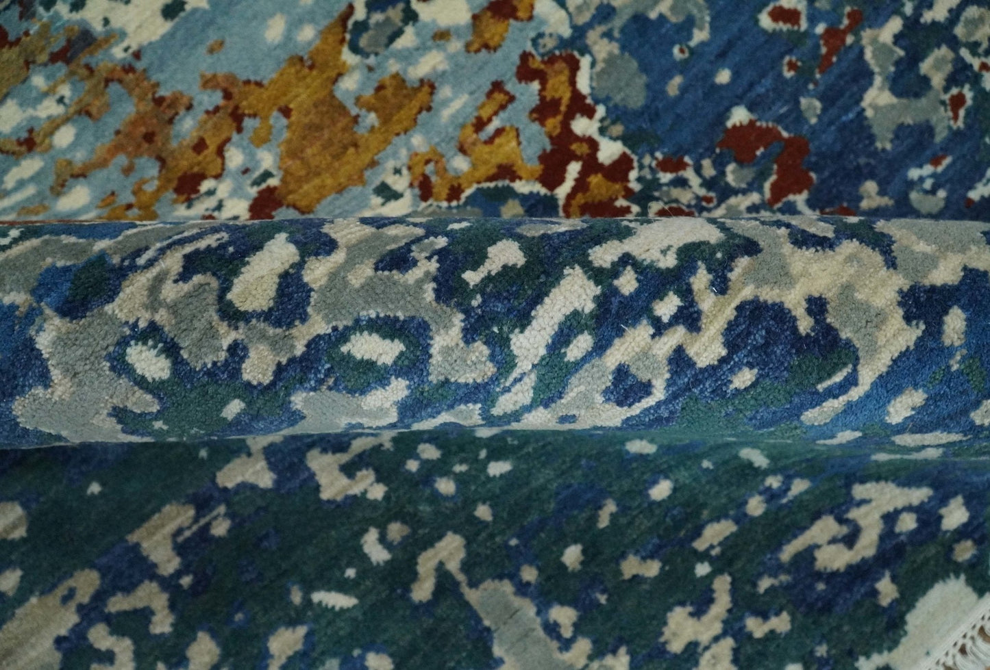 2.6x10 Fine Hand Knotted Blue Modern Abstract Wool and Silk Runner Area Rug | AGR12 - Tampa Home & Garden Store