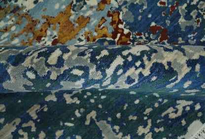 2.6x10 Fine Hand Knotted Blue Modern Abstract Wool and Silk Runner Area Rug | AGR12 - Tampa Home & Garden Store