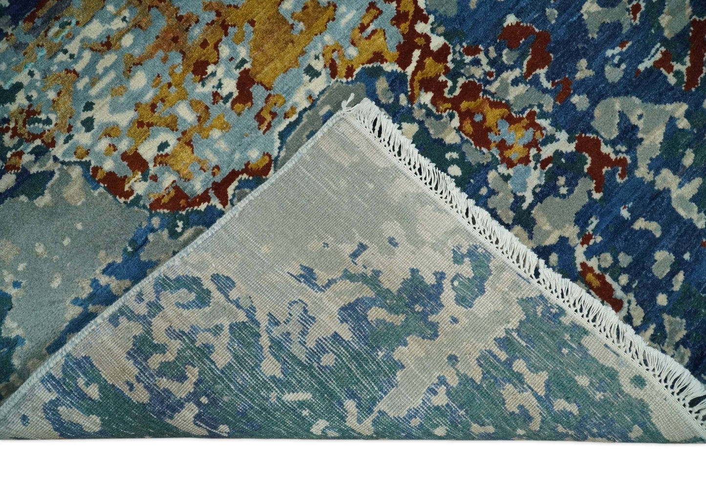 2.6x10 Fine Hand Knotted Blue Modern Abstract Wool and Silk Runner Area Rug | AGR12 - Tampa Home & Garden Store