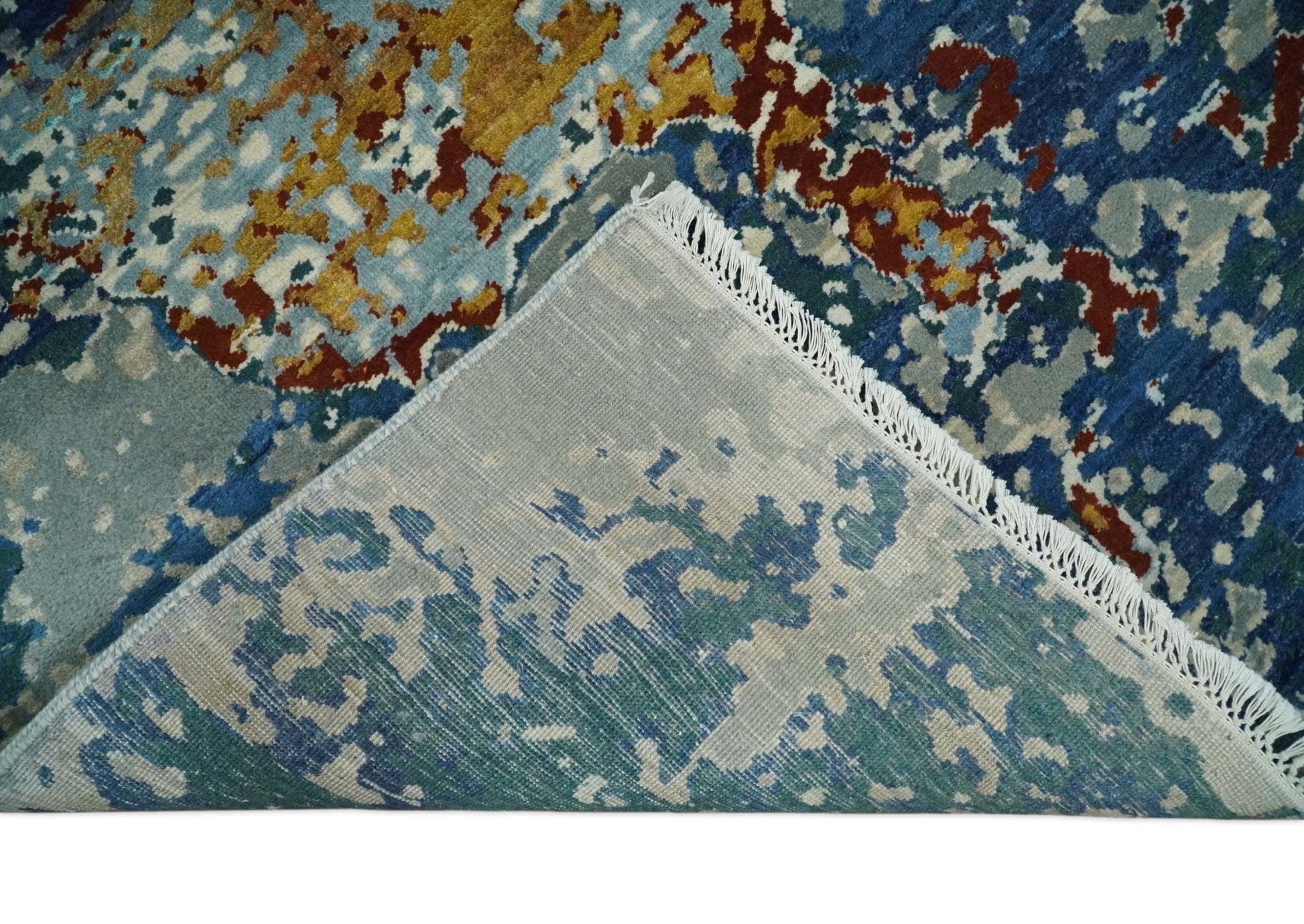 2.6x10 Fine Hand Knotted Blue Modern Abstract Wool and Silk Runner Area Rug | AGR12 - Tampa Home & Garden Store