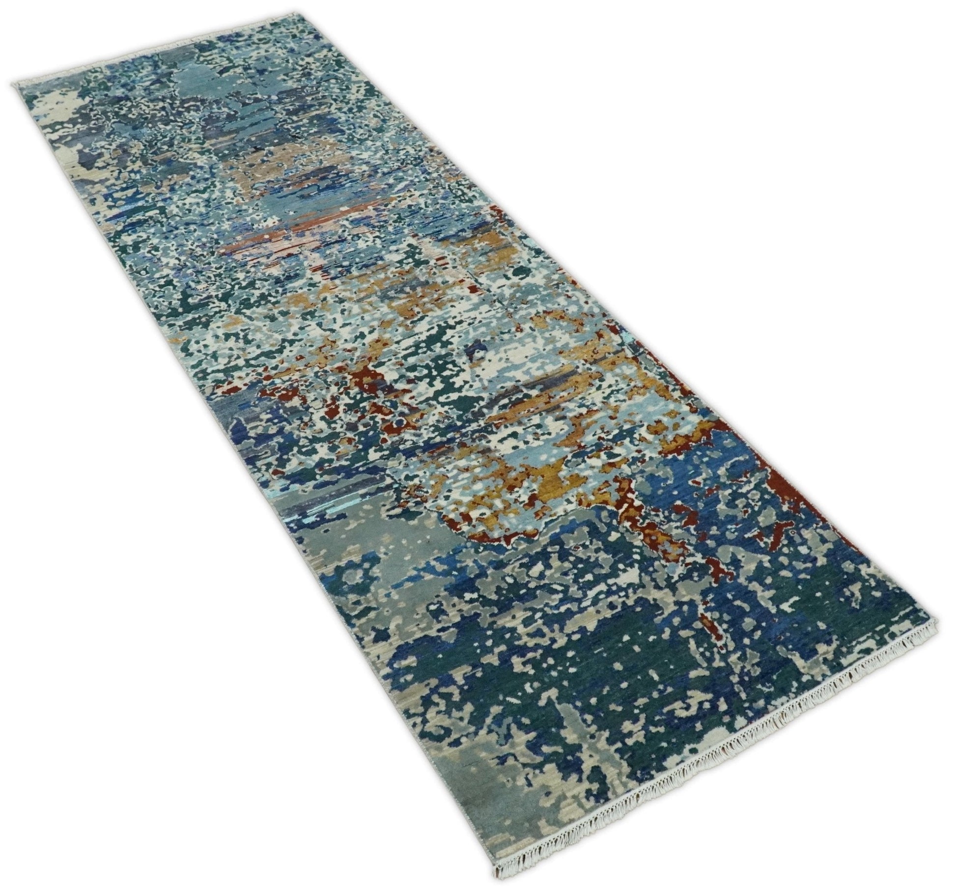 2.6x10 Fine Hand Knotted Blue Modern Abstract Wool and Silk Runner Area Rug | AGR12 - Tampa Home & Garden Store