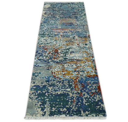 2.6x10 Fine Hand Knotted Blue Modern Abstract Wool and Silk Runner Area Rug | AGR12 - Tampa Home & Garden Store
