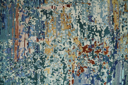 2.6x10 Fine Hand Knotted Blue Modern Abstract Wool and Silk Runner Area Rug | AGR12 - Tampa Home & Garden Store
