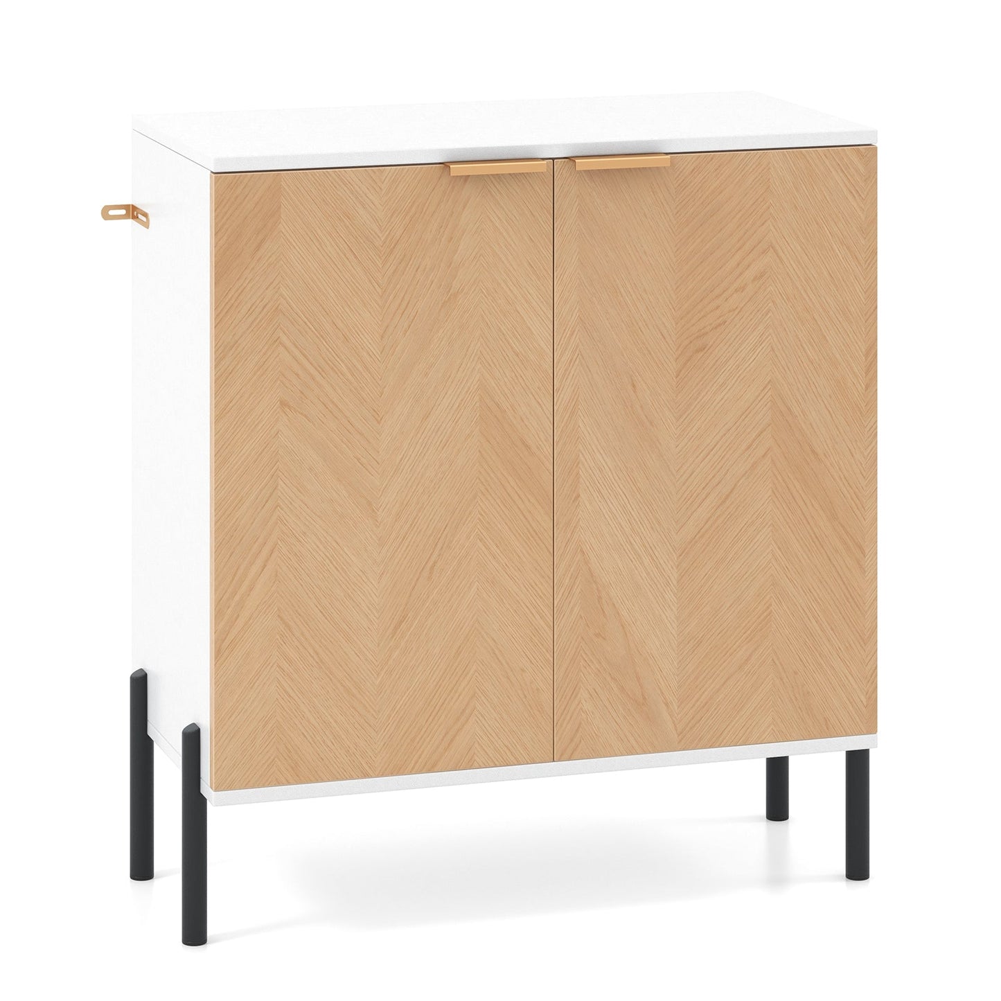 Aparador de 2 puertas con estante y patas de metal - Blanco - Madera natural