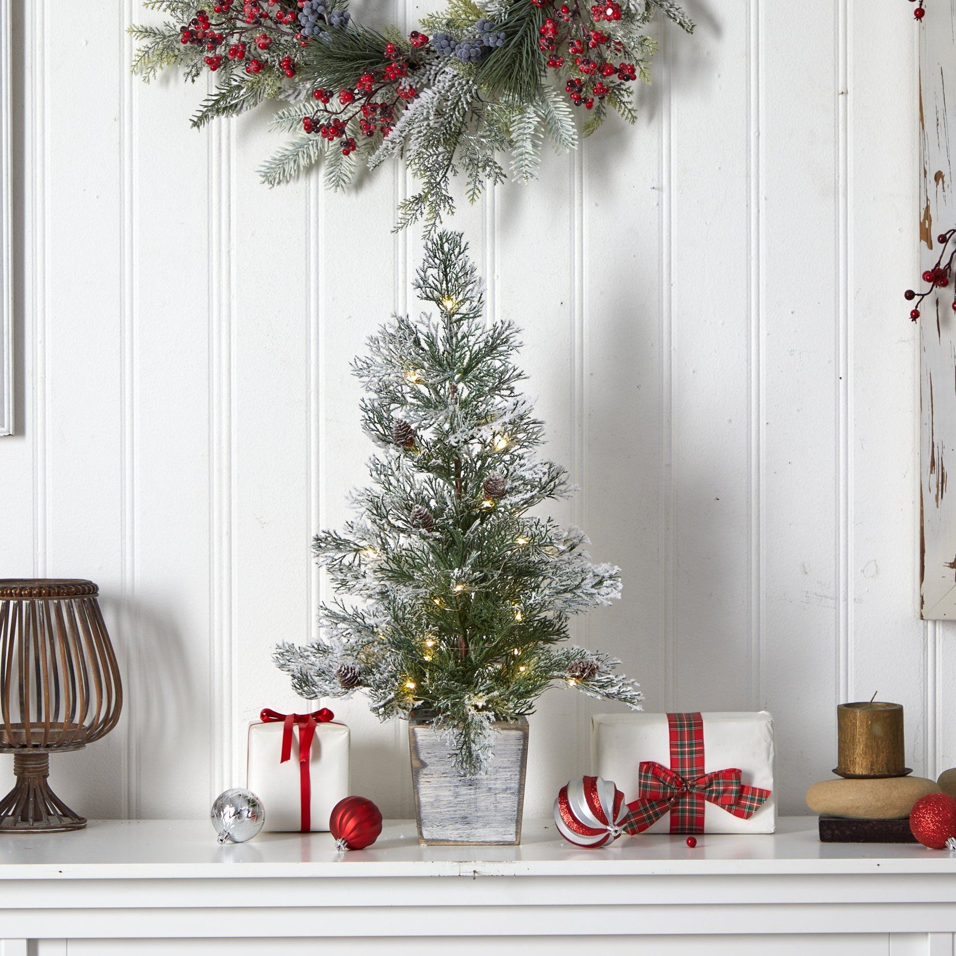 2’ Frosted Pre-Lit Artificial Christmas Tree with Pinecones in Decorative Planter - Tampa Home & Garden Store