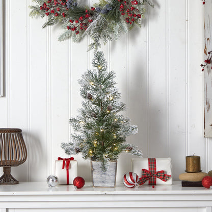 2’ Frosted Pre-Lit Artificial Christmas Tree with Pinecones in Decorative Planter - Tampa Home & Garden Store