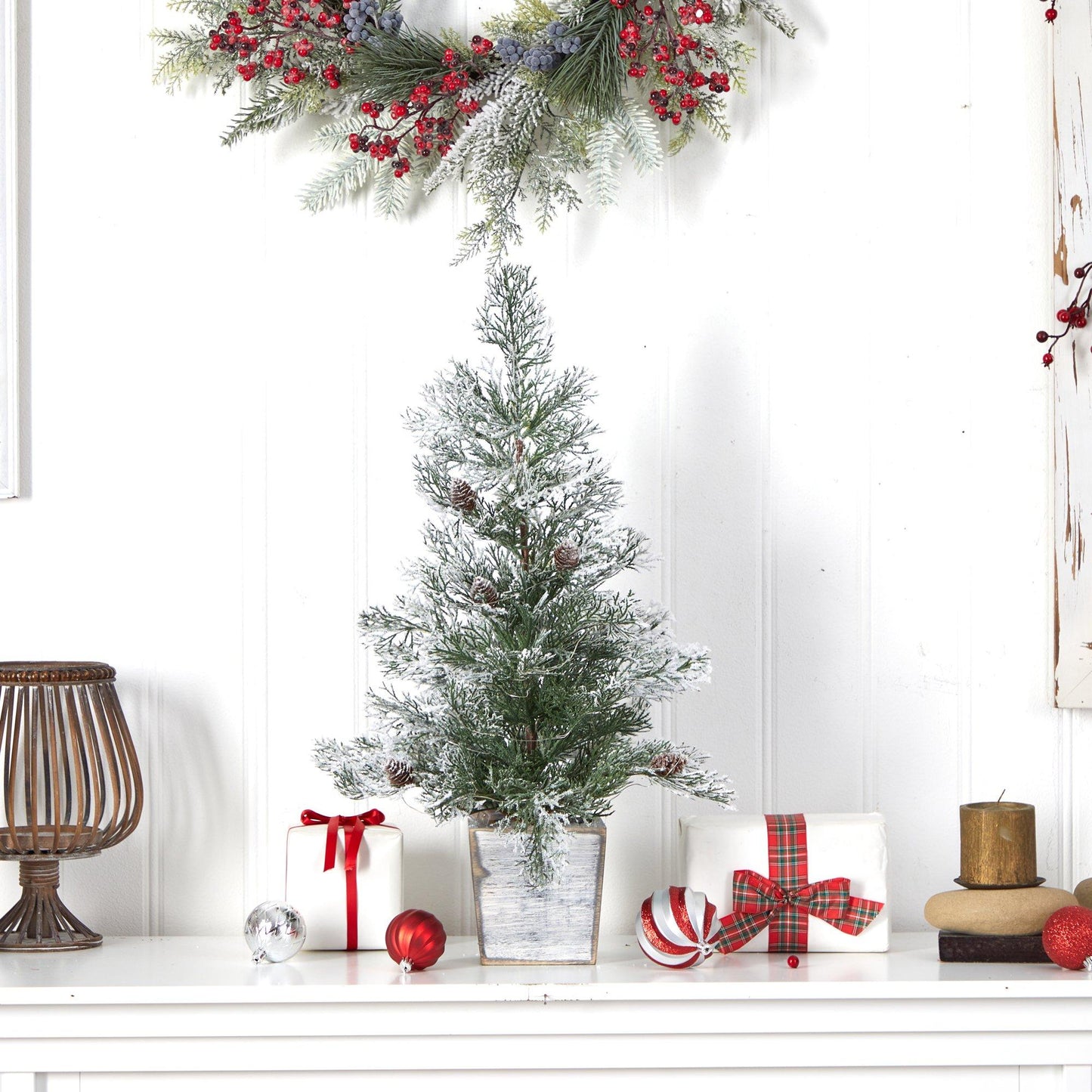 2’ Frosted Pre-Lit Artificial Christmas Tree with Pinecones in Decorative Planter - Tampa Home & Garden Store