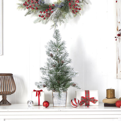 2’ Frosted Pre-Lit Artificial Christmas Tree with Pinecones in Decorative Planter - Tampa Home & Garden Store