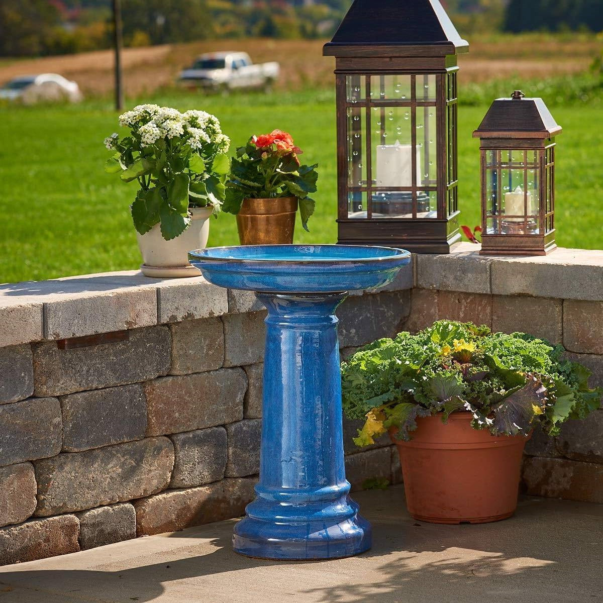 2 Gallon Blue Ceramic Traditional Outdoor Patio Garden Birdbath - Tampa Home & Garden Store