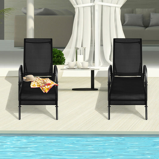 2 Pcs Outdoor Patio Lounge Chair Chaise Fabric with Adjustable Reclining Armrest - Tampa Home & Garden Store