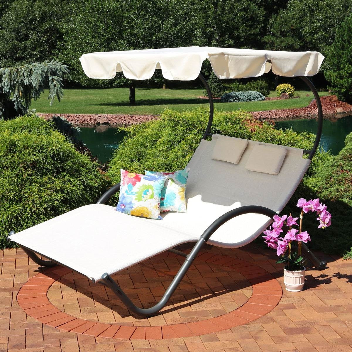 2 Person Off White Outdoor Patio Chaise Lounger Chair Canopy Bed with Pillows - Tampa Home & Garden Store