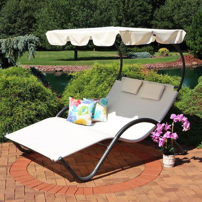 2 Person Off White Outdoor Patio Chaise Lounger Chair Canopy Bed with Pillows - Tampa Home & Garden Store