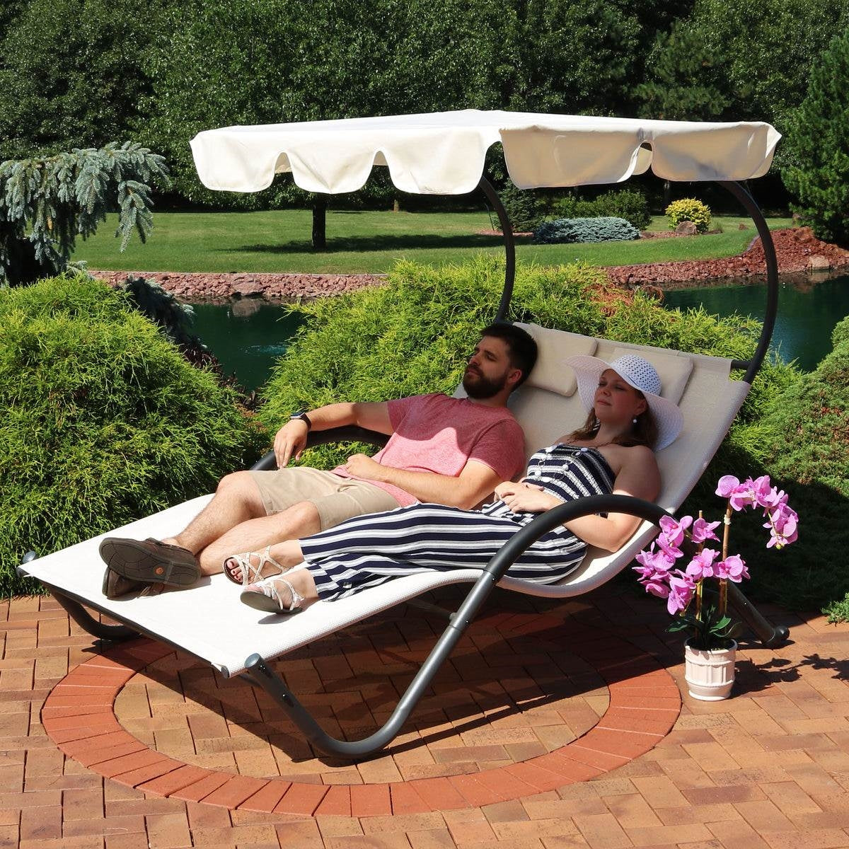 2 Person Off White Outdoor Patio Chaise Lounger Chair Canopy Bed with Pillows - Tampa Home & Garden Store