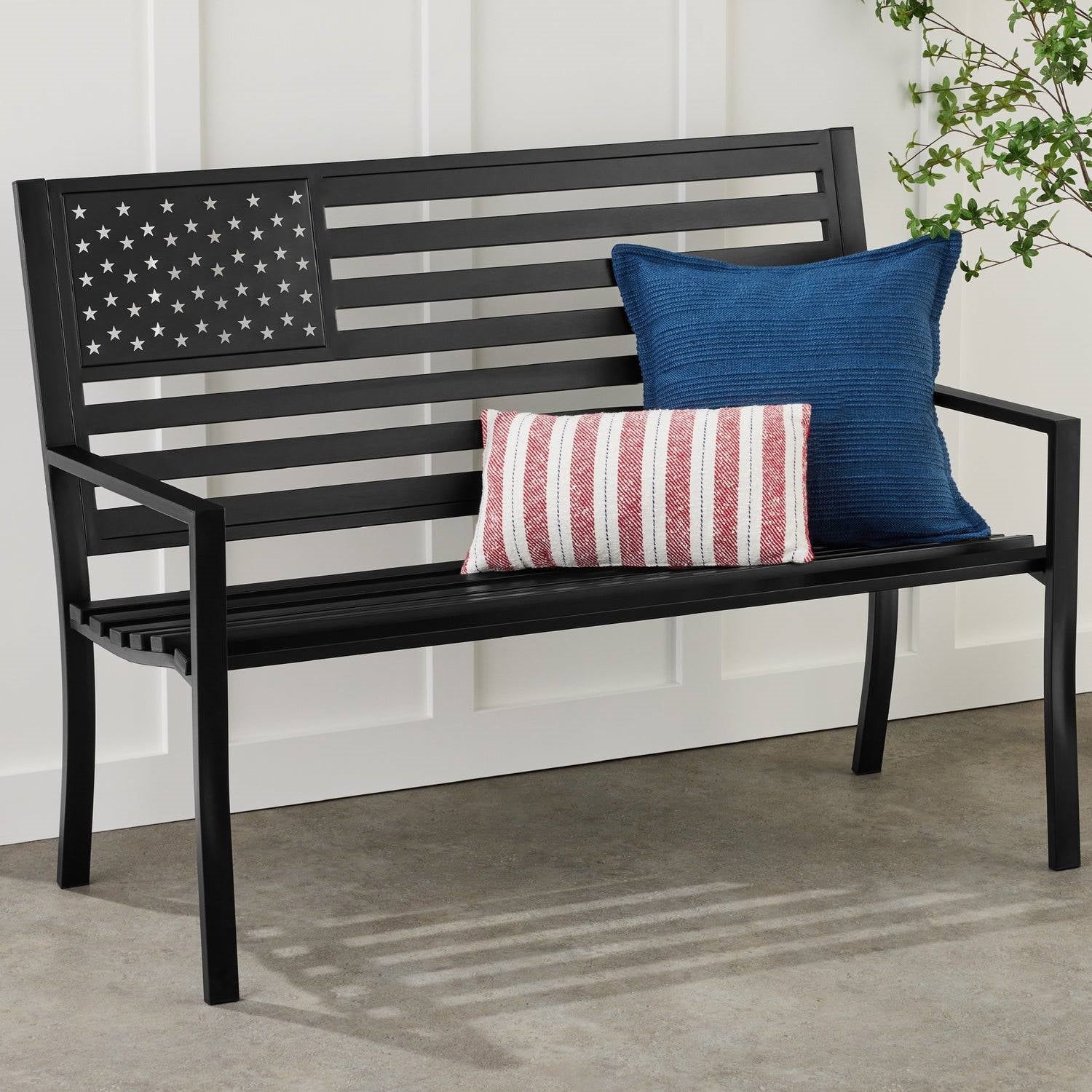 2 Person Patriotic USA Black Metal Bench with American Flag Backrest - Tampa Home & Garden Store
