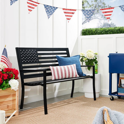 2 Person Patriotic USA Black Metal Bench with American Flag Backrest - Tampa Home & Garden Store