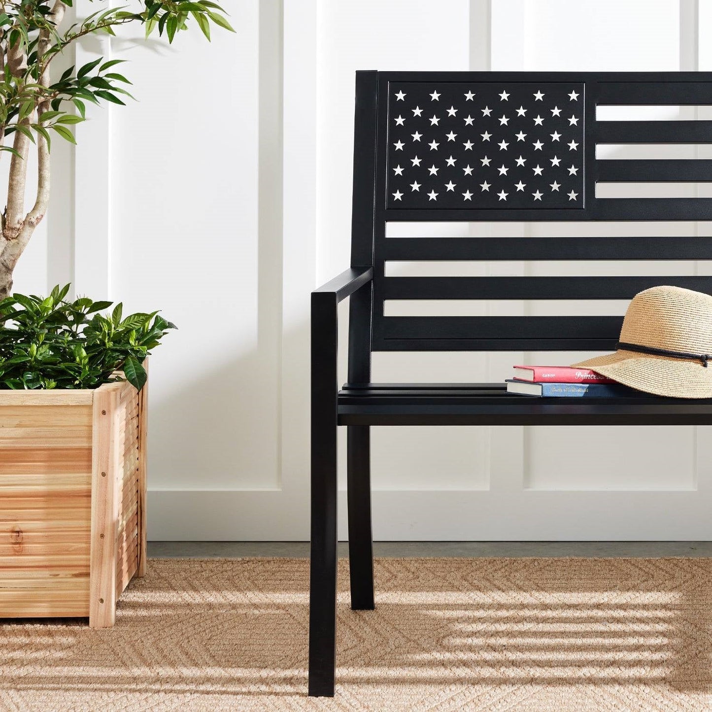 2 Person Patriotic USA Black Metal Bench with American Flag Backrest - Tampa Home & Garden Store