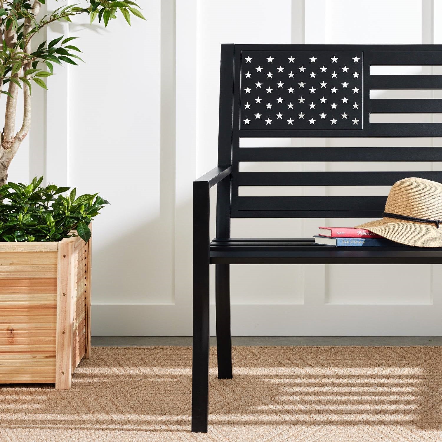 2 Person Patriotic USA Black Metal Bench with American Flag Backrest - Tampa Home & Garden Store