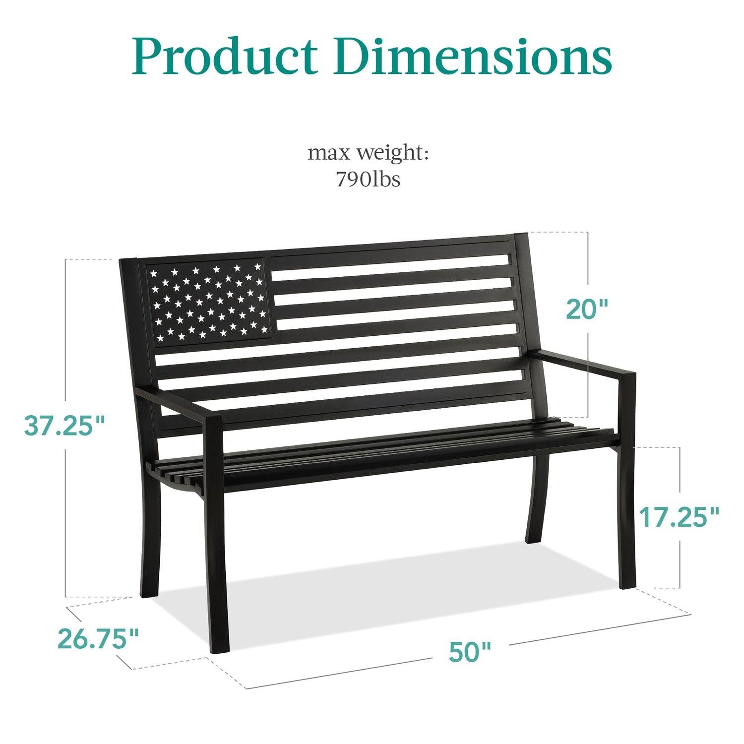 2 Person Patriotic USA Black Metal Bench with American Flag Backrest - Tampa Home & Garden Store