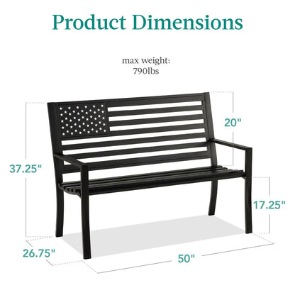 2 Person Patriotic USA Black Metal Bench with American Flag Backrest - Tampa Home & Garden Store