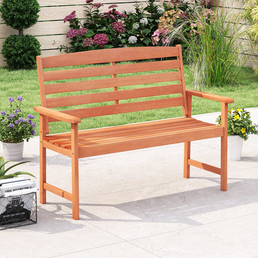 2-Person Wooden Garden Bench with Slatted Backrest and Comfortable Armrests - Tampa Home & Garden Store
